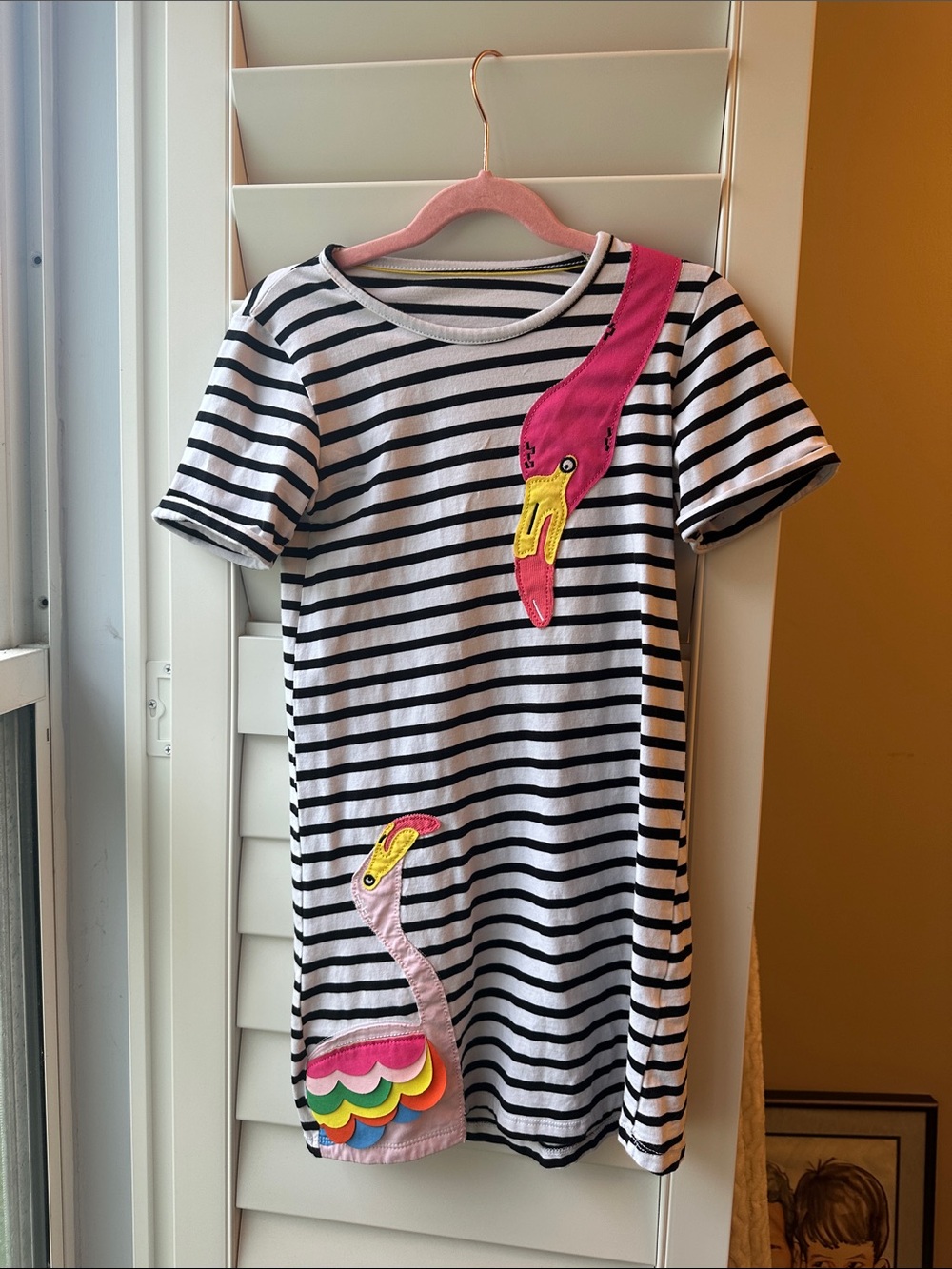 Black & White Striped Tee Dress with Pink Flamingo Appliqués